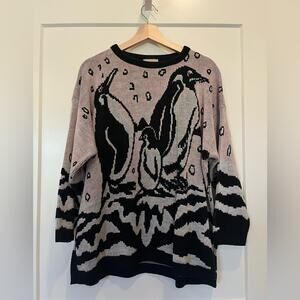 Vtg 80s Penguin Sweater Graphic Animal Sweater Retro Slouch Ski Pullover Knit XL